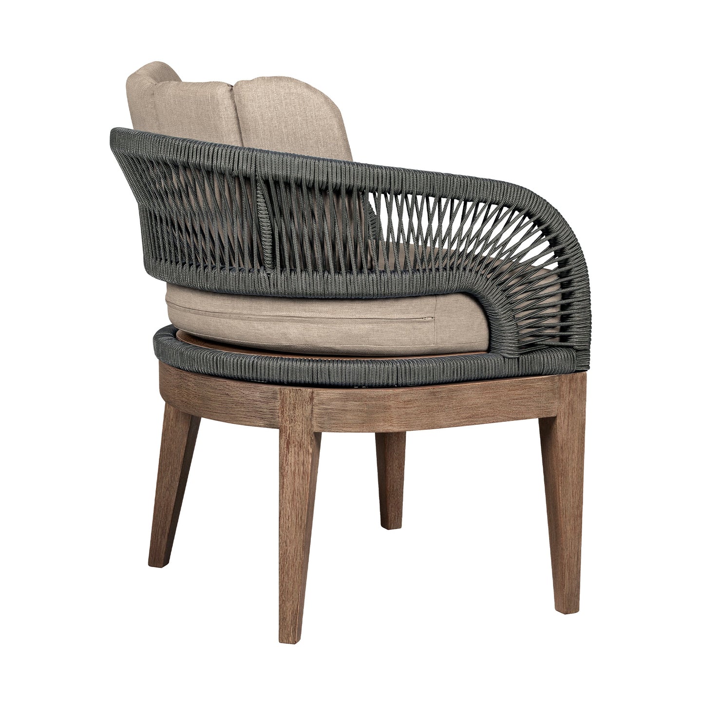 Orbit Outdoor Patio Dining Chair in Weathered Eucalyptus Wood with Gray Rope and Taupe Olefin Cushions