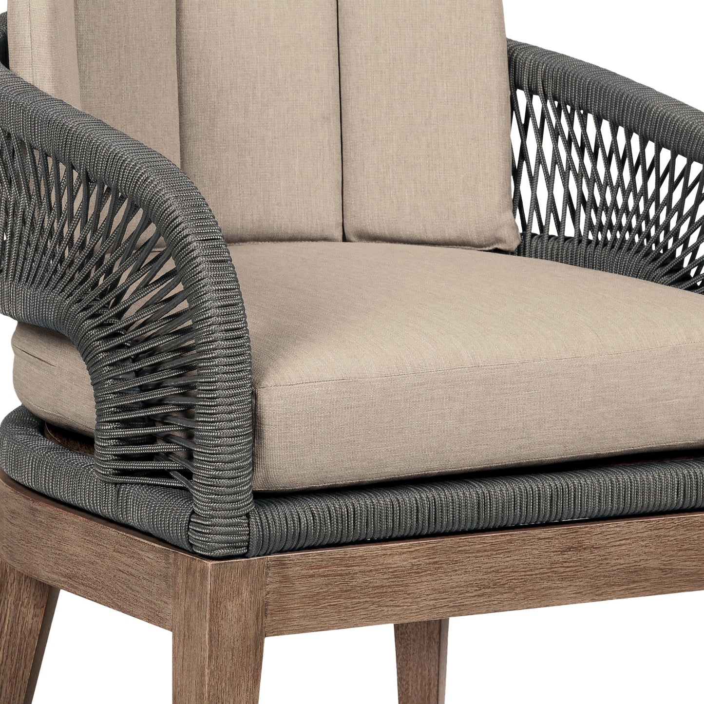 Orbit Outdoor Patio Dining Chair in Weathered Eucalyptus Wood with Gray Rope and Taupe Olefin Cushions