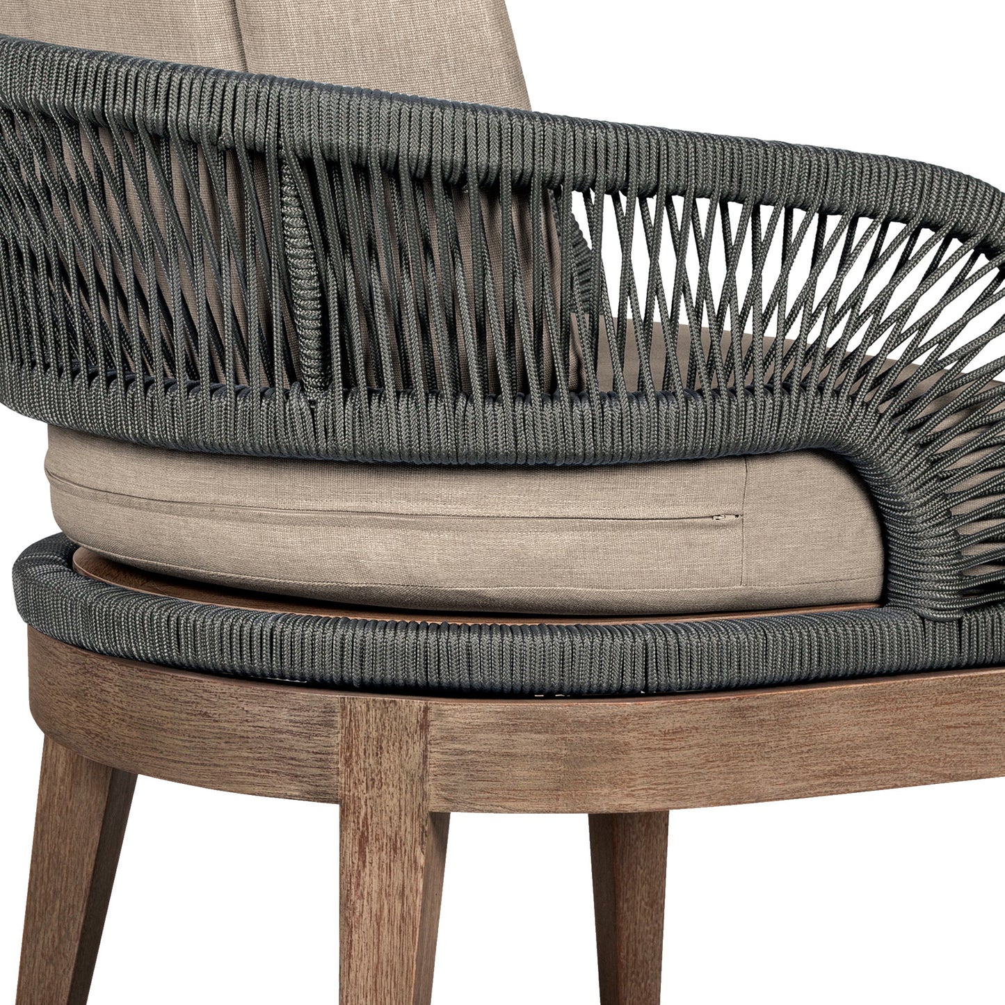 Orbit Outdoor Patio Dining Chair in Weathered Eucalyptus Wood with Gray Rope and Taupe Olefin Cushions