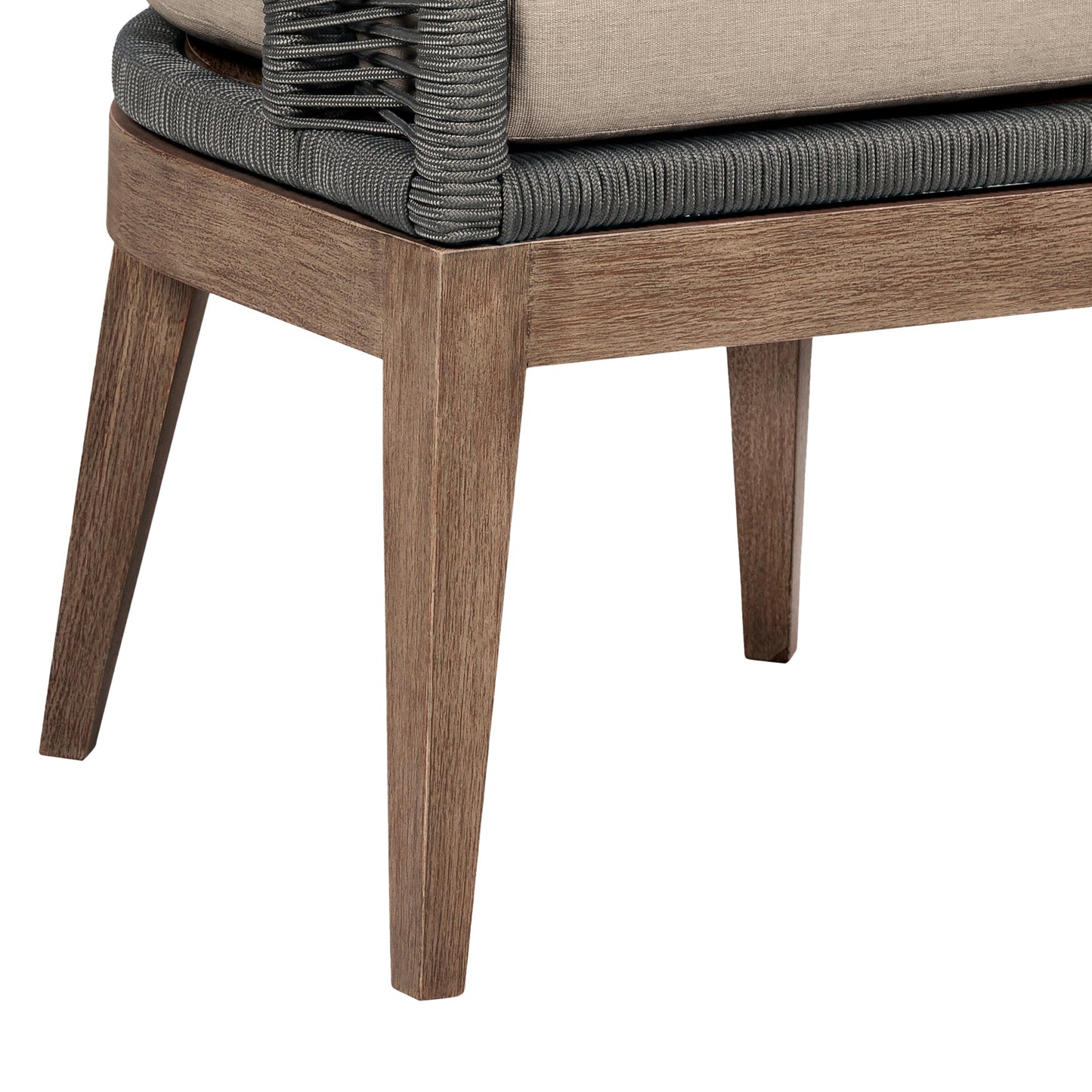 Orbit Outdoor Patio Dining Chair in Weathered Eucalyptus Wood with Gray Rope and Taupe Olefin Cushions