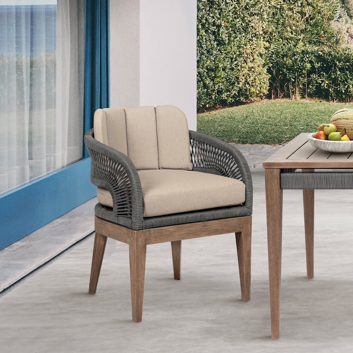 Orbit Outdoor Patio Dining Chair in Weathered Eucalyptus Wood with Gray Rope and Taupe Olefin Cushions