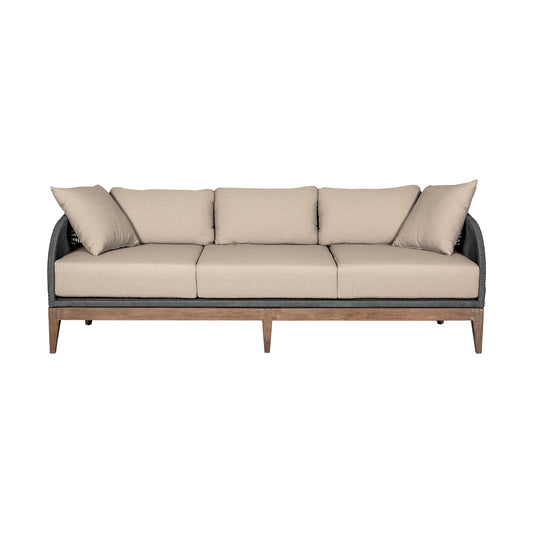 Orbit Outdoor Patio Sofa in Weathered Eucalyptus Wood with Gray Rope and Taupe Olefin Cushions