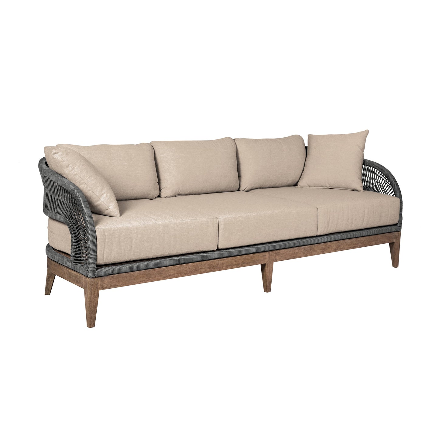 Orbit Outdoor Patio Sofa in Weathered Eucalyptus Wood with Gray Rope and Taupe Olefin Cushions