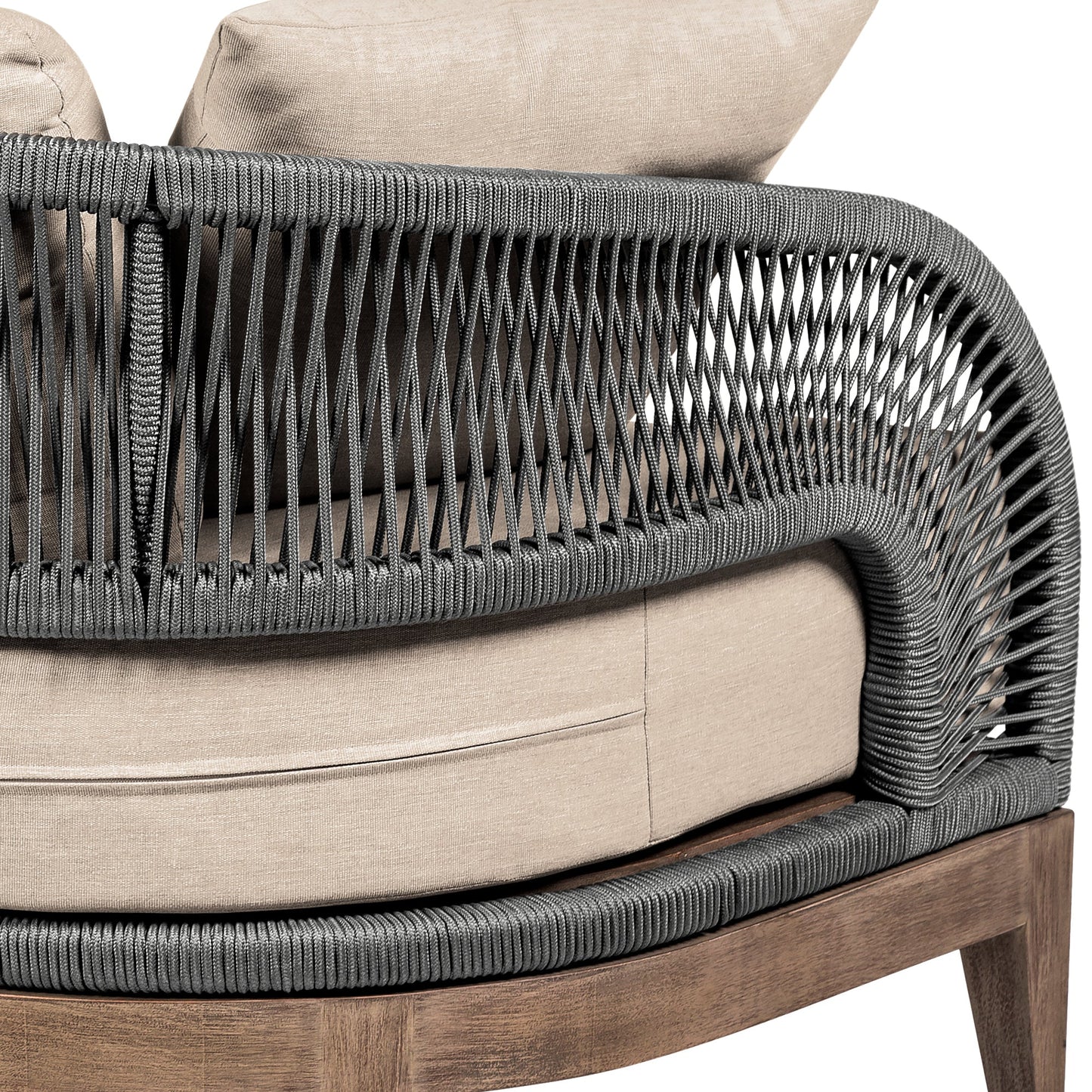 Orbit Outdoor Patio Sofa in Weathered Eucalyptus Wood with Gray Rope and Taupe Olefin Cushions