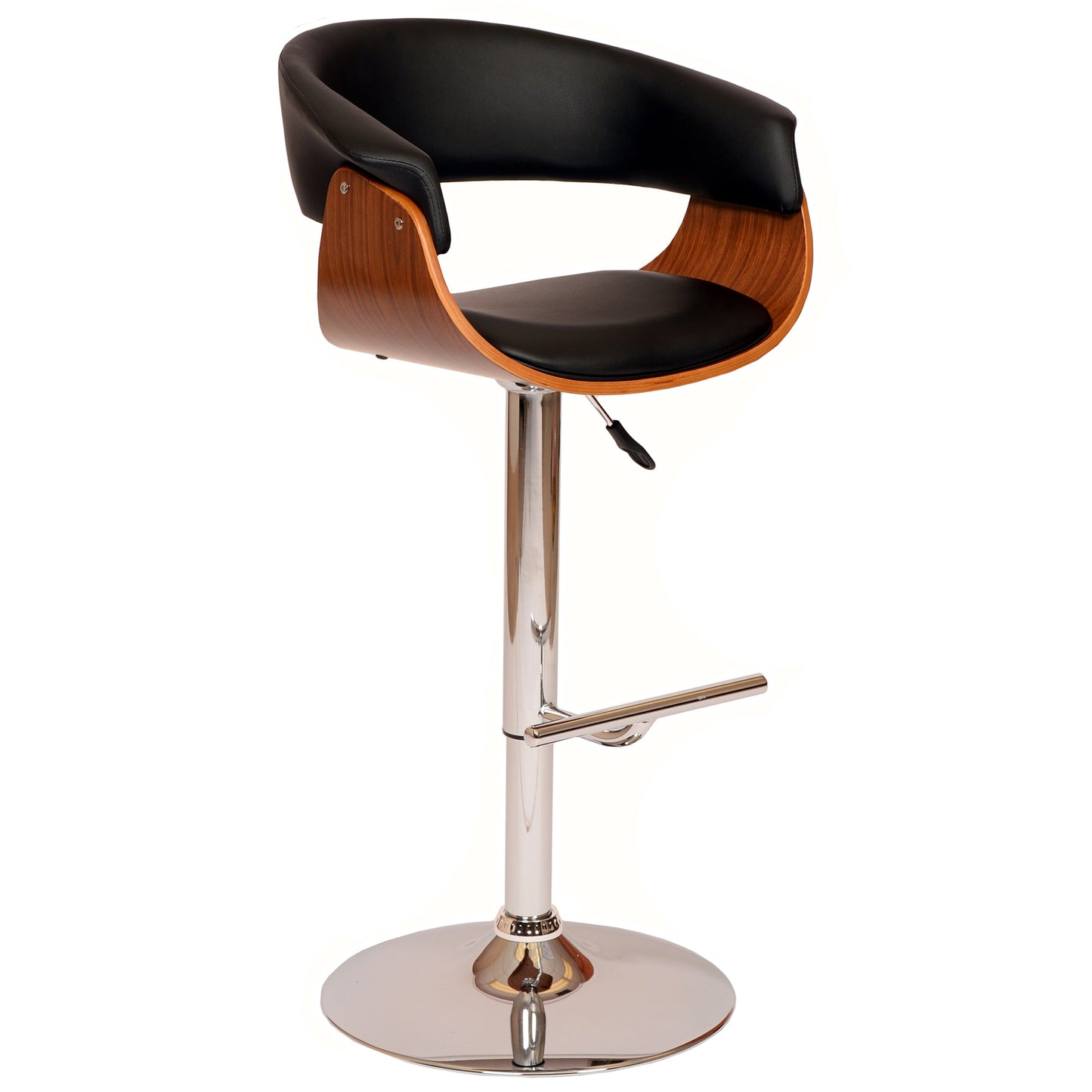 Paris Black Faux Leather Adjustable Height Swivel Walnut Wood and Chrome Bar Stool