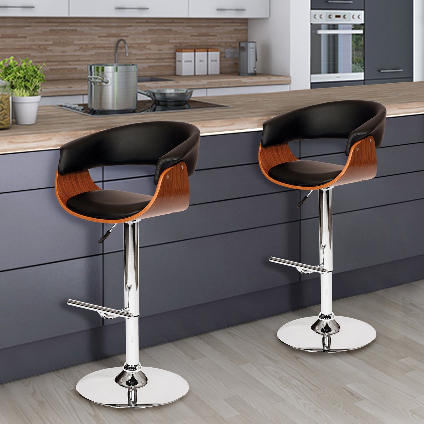 Paris Black Faux Leather Adjustable Height Swivel Walnut Wood and Chrome Bar Stool