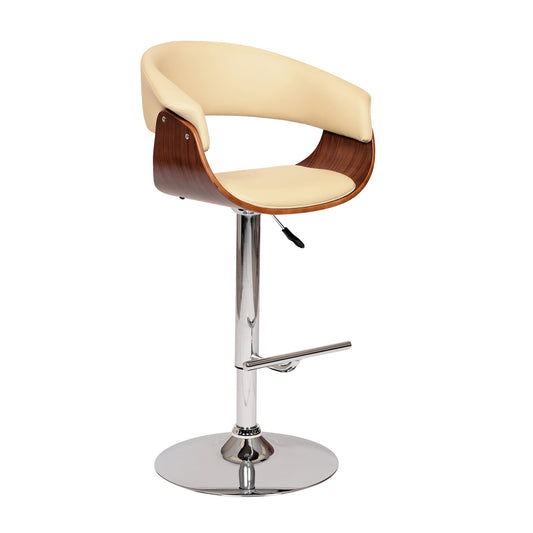 Paris Cream Faux Leather Adjustable Height Swivel Walnut Wood and Chrome Bar Stool