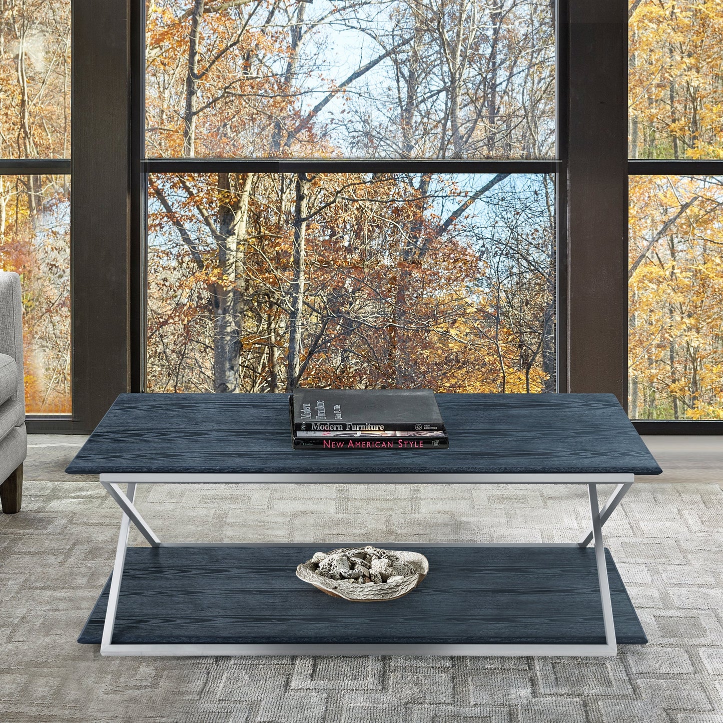 Westlake Black Veneer Coffee Table with Brushed Stainless Steel Frame