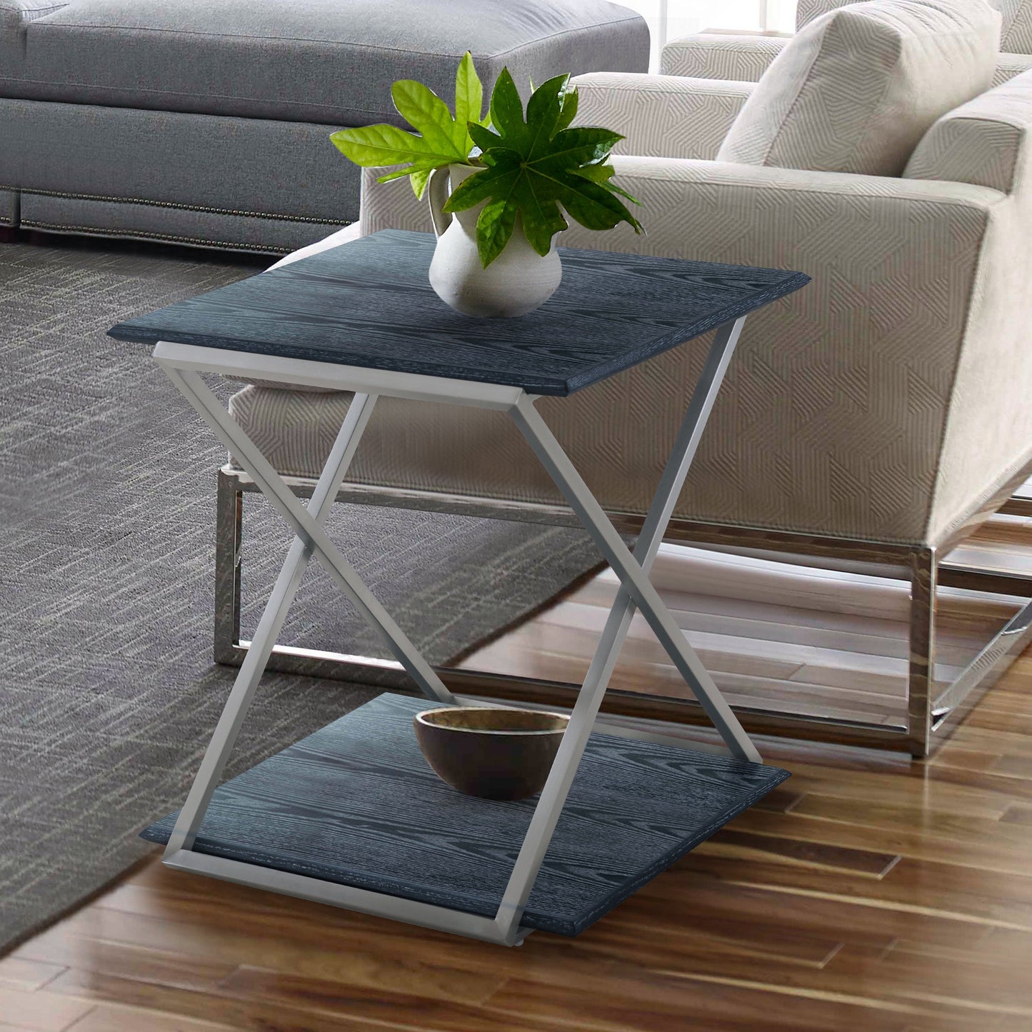 Westlake Black Veneer End Table with Brushed Stainless Steel Frame