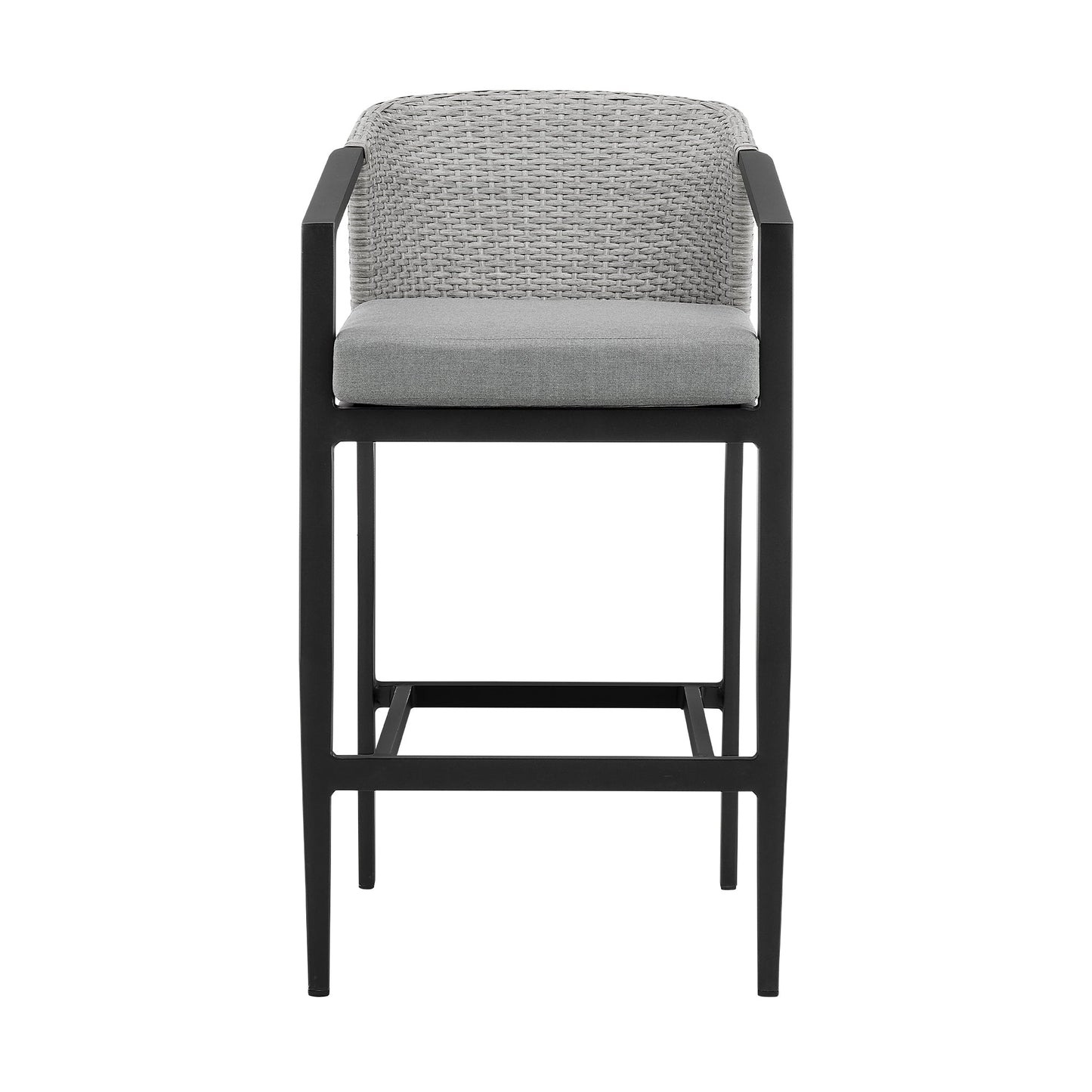 Palma Outdoor Patio Counter Height Bar Stool in Aluminum and Wicker with Gray Cushions