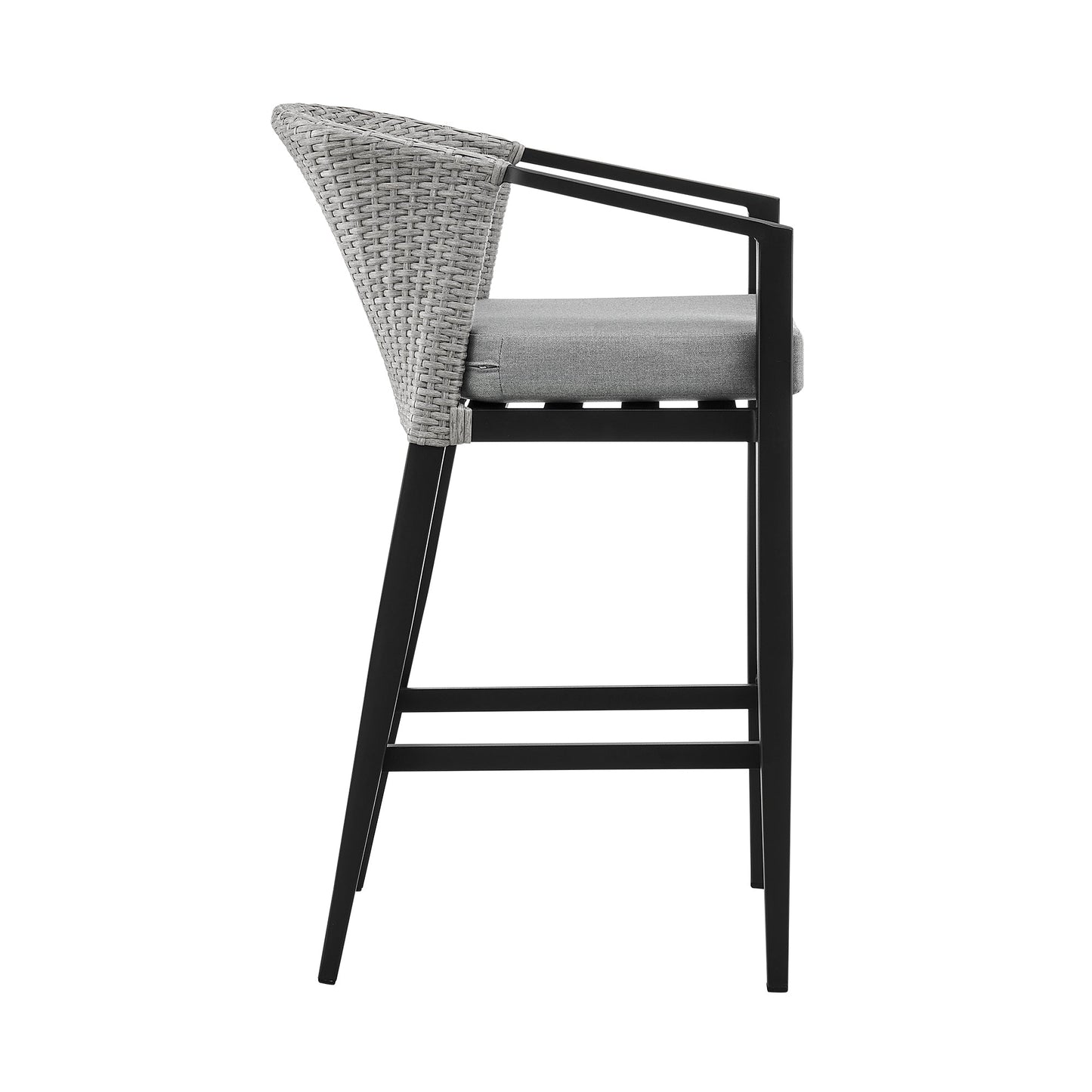 Palma Outdoor Patio Counter Height Bar Stool in Aluminum and Wicker with Gray Cushions