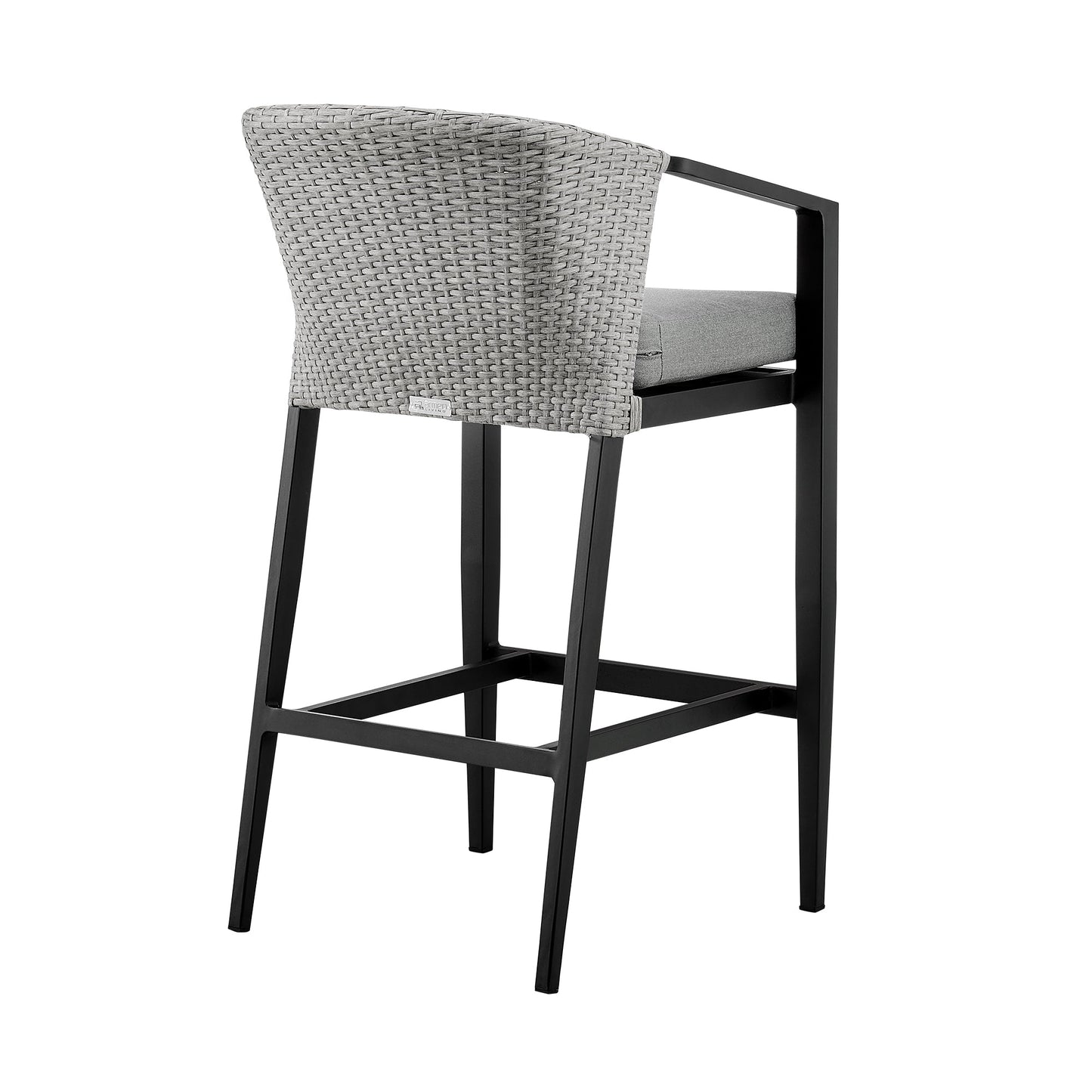 Palma Outdoor Patio Counter Height Bar Stool in Aluminum and Wicker with Gray Cushions