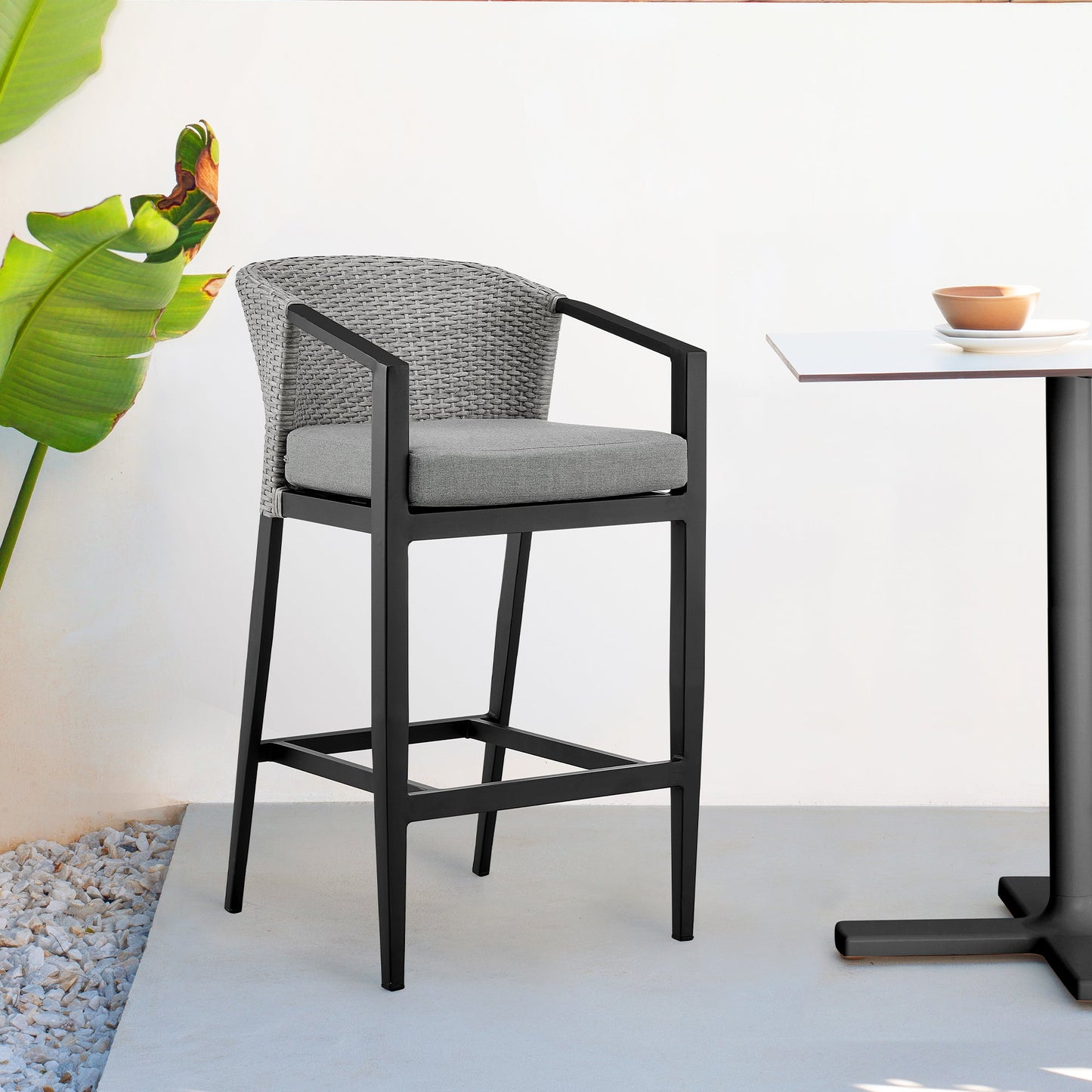 Palma Outdoor Patio Counter Height Bar Stool in Aluminum and Wicker with Gray Cushions