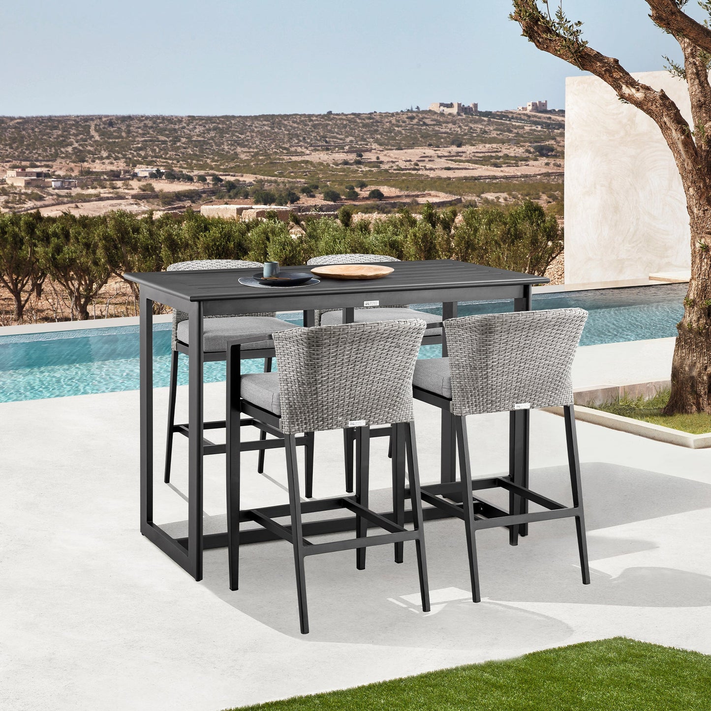 Palma Outdoor Patio Counter Height Bar Stool in Aluminum and Wicker with Gray Cushions