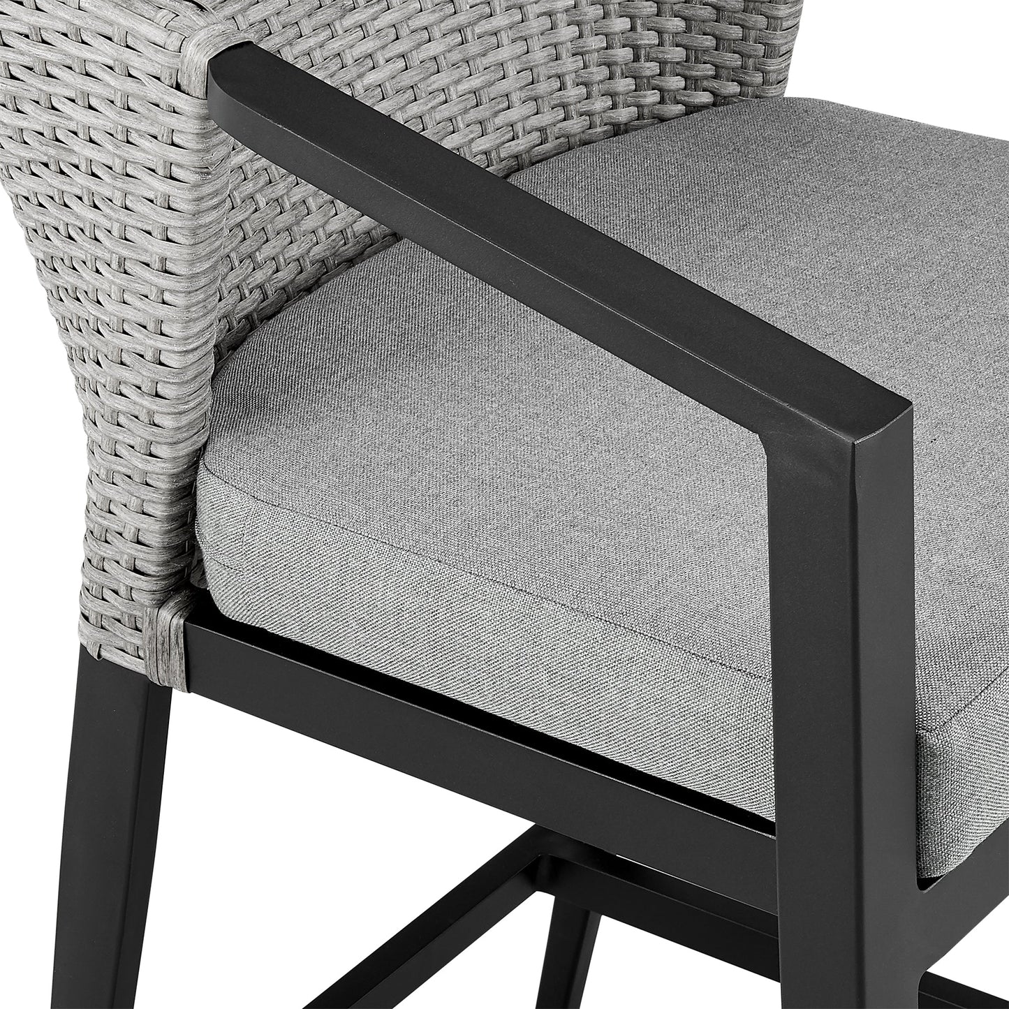 Palma Outdoor Patio Bar Stool in Aluminum and Wicker with Gray Cushions