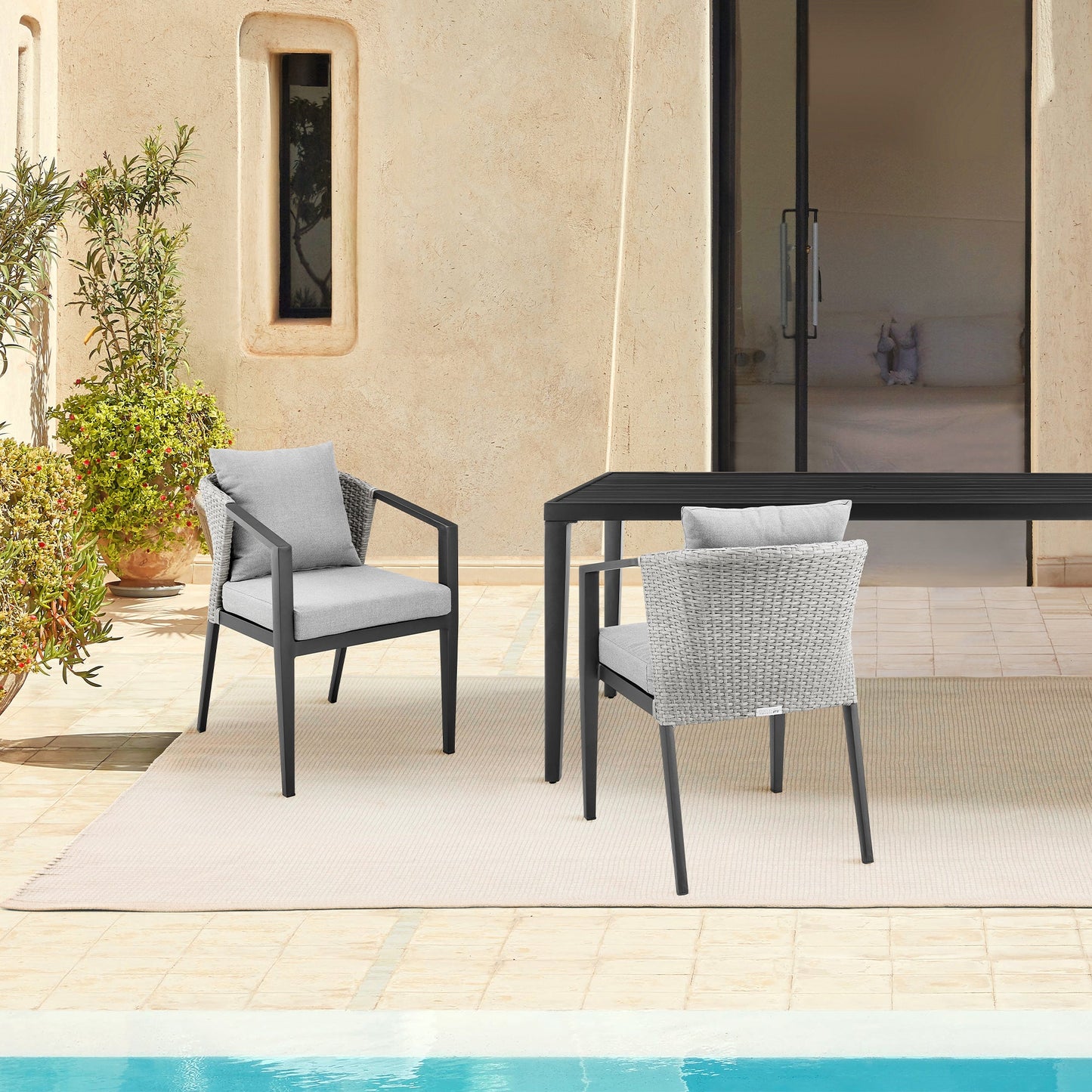 Palma Outdoor Patio Dining Chairs in Aluminum and Wicker with Gray Cushions - Set of 2