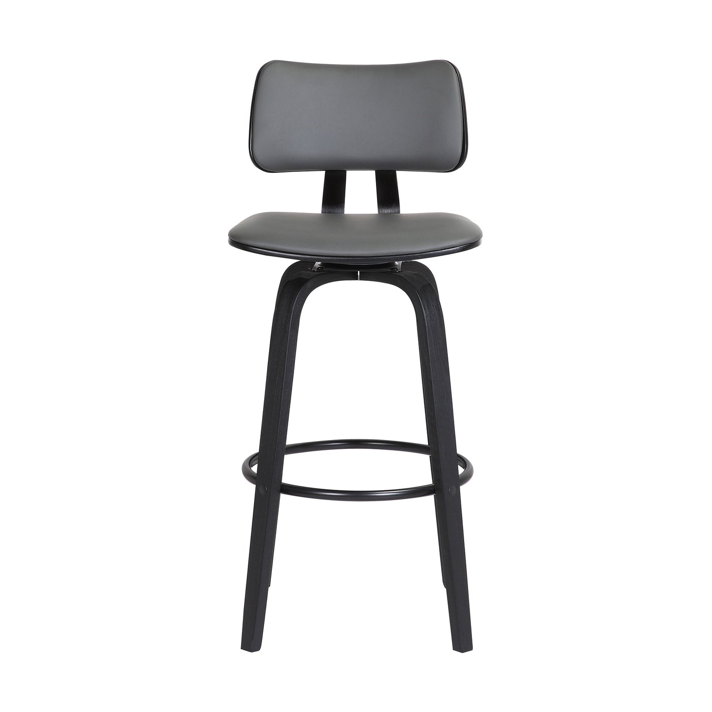 Pico 30" Swivel Black Wood Bar Stool in Gray Faux Leather with Black Metal