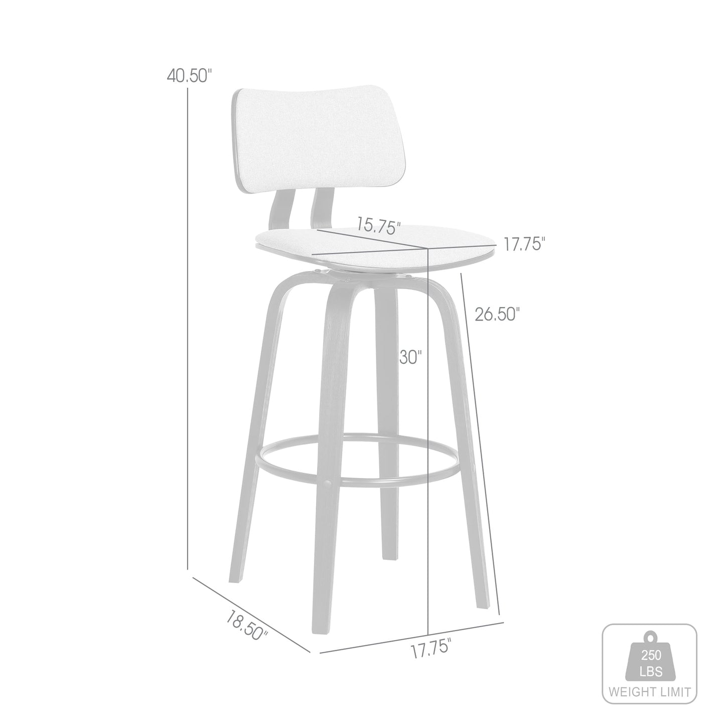 Pico 30" Swivel Black Wood Bar Stool in Light Gray Fabric with Black Metal