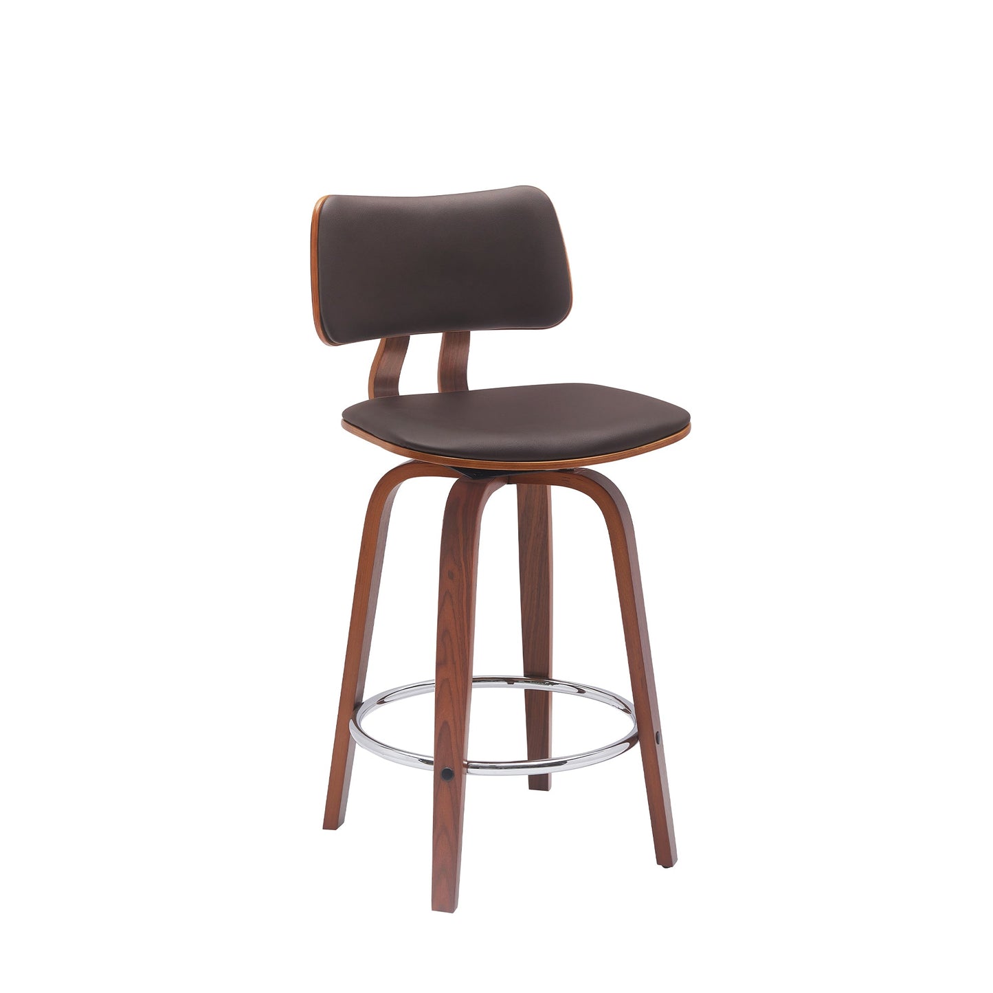 Pico 26" Swivel Walnut Wood Counter Stool in Brown Faux Leather with Chrome