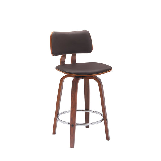 Pico 26" Swivel Walnut Wood Counter Stool in Brown Faux Leather with Chrome