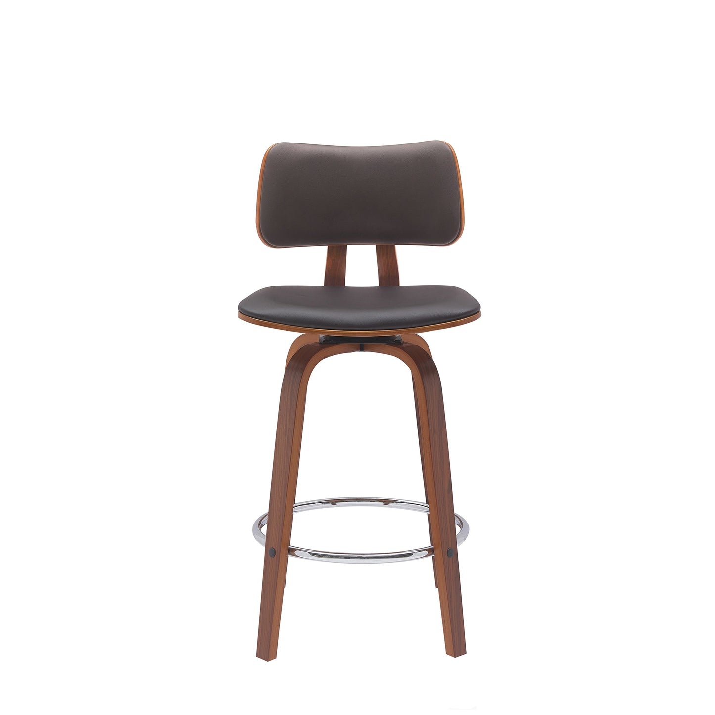 Pico 26" Swivel Walnut Wood Counter Stool in Brown Faux Leather with Chrome