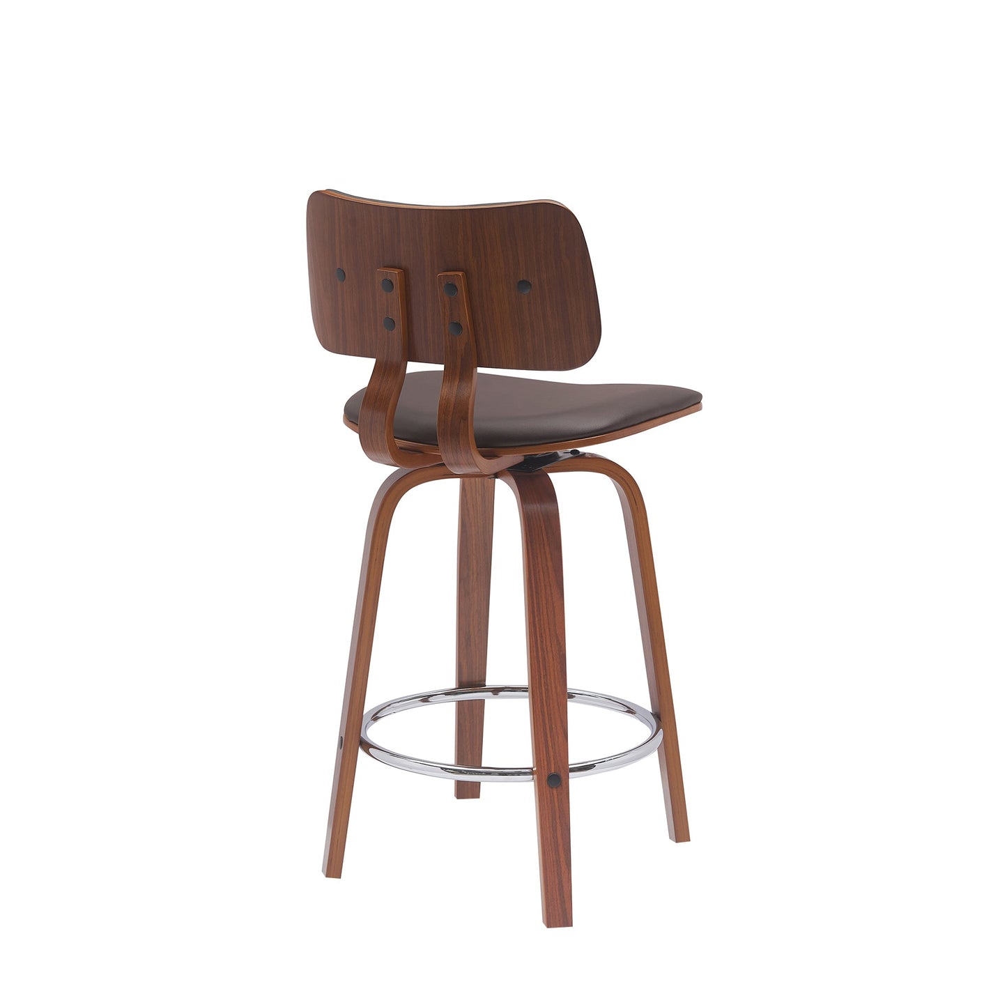 Pico 26" Swivel Walnut Wood Counter Stool in Brown Faux Leather with Chrome