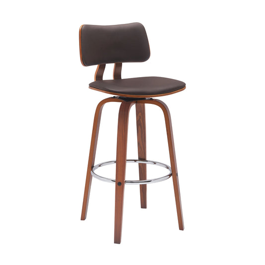 Pico 30" Swivel Walnut Wood Bar Stool in Brown Faux Leather with Chrome