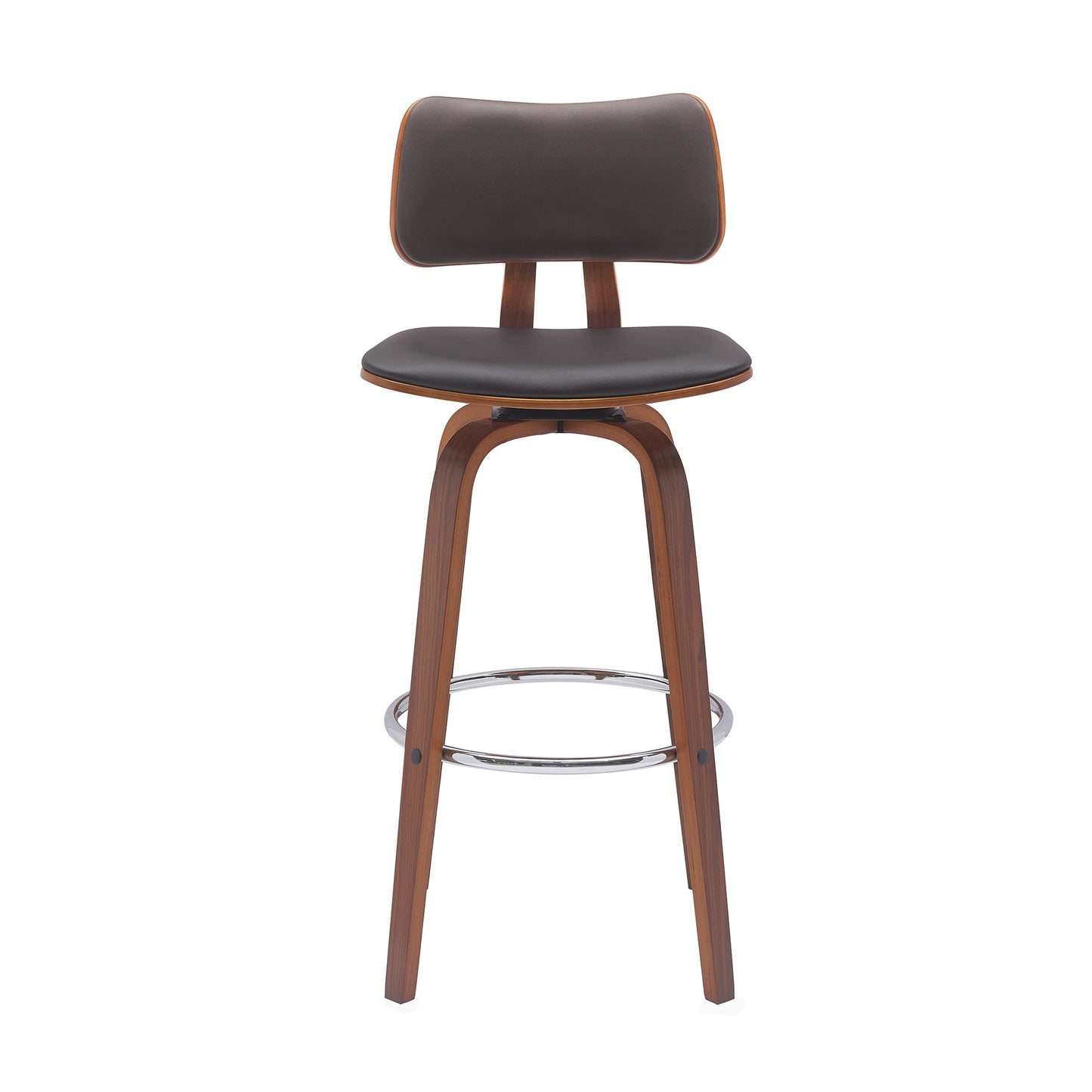 Pico 30" Swivel Walnut Wood Bar Stool in Brown Faux Leather with Chrome