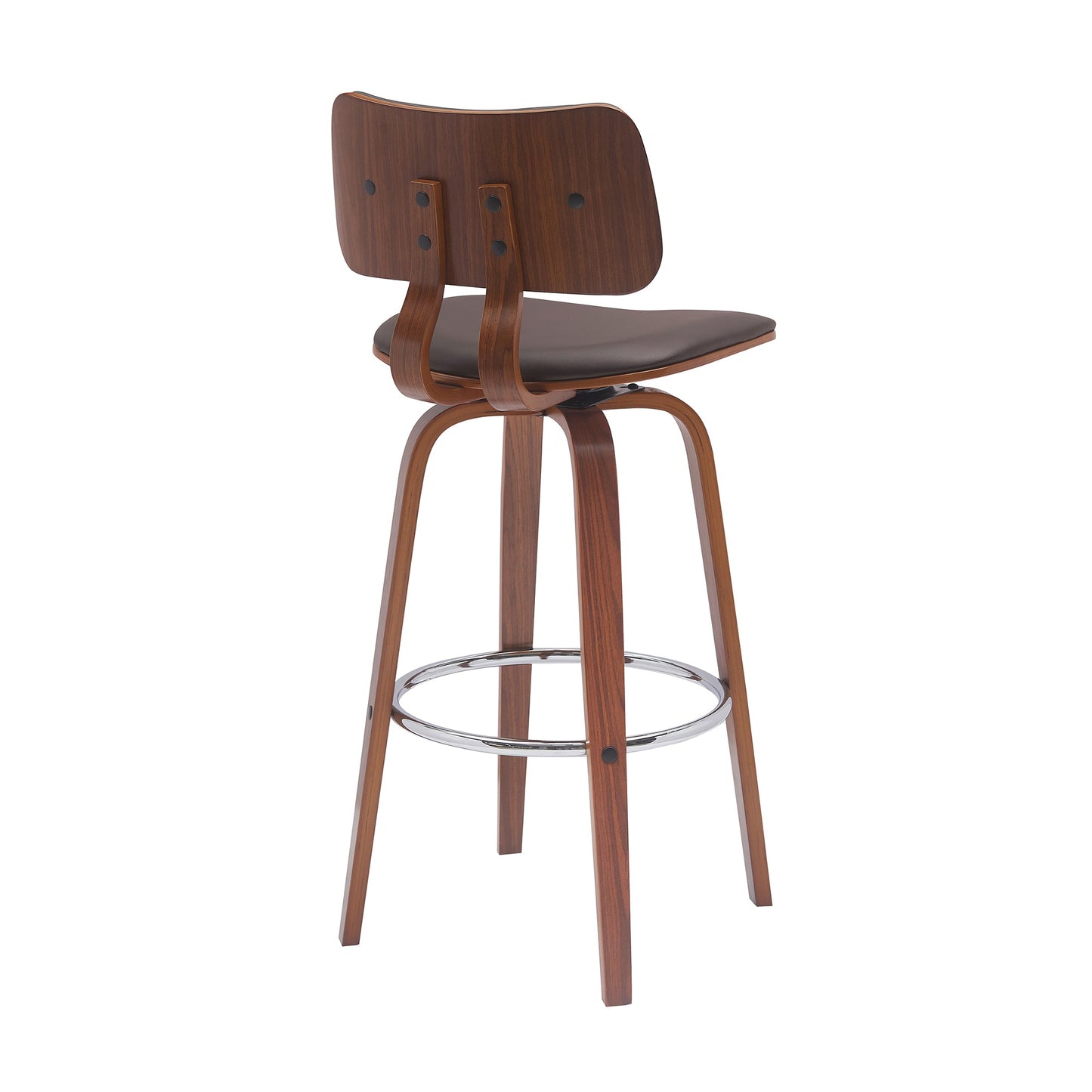 Pico 30" Swivel Walnut Wood Bar Stool in Brown Faux Leather with Chrome