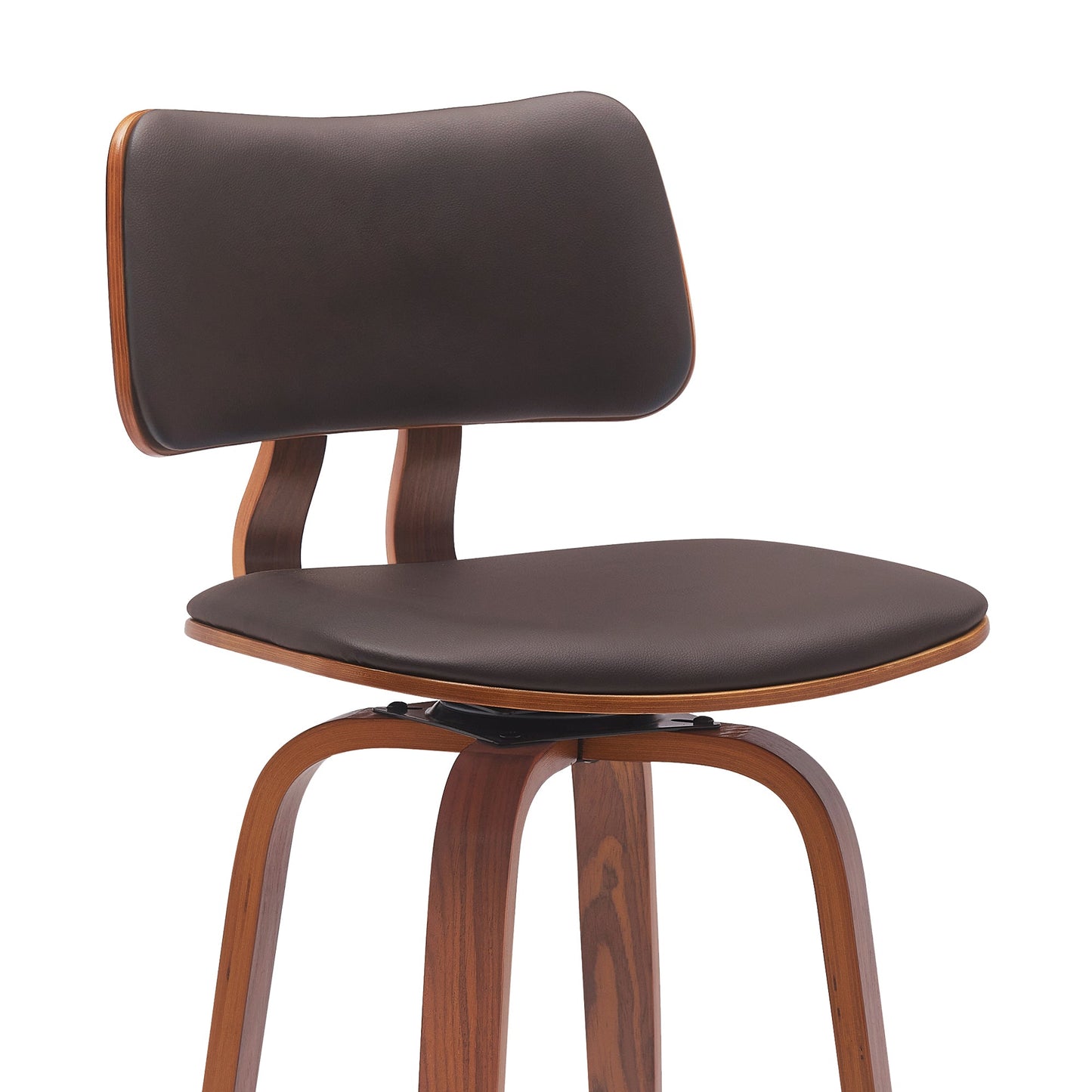 Pico 30" Swivel Walnut Wood Bar Stool in Brown Faux Leather with Chrome