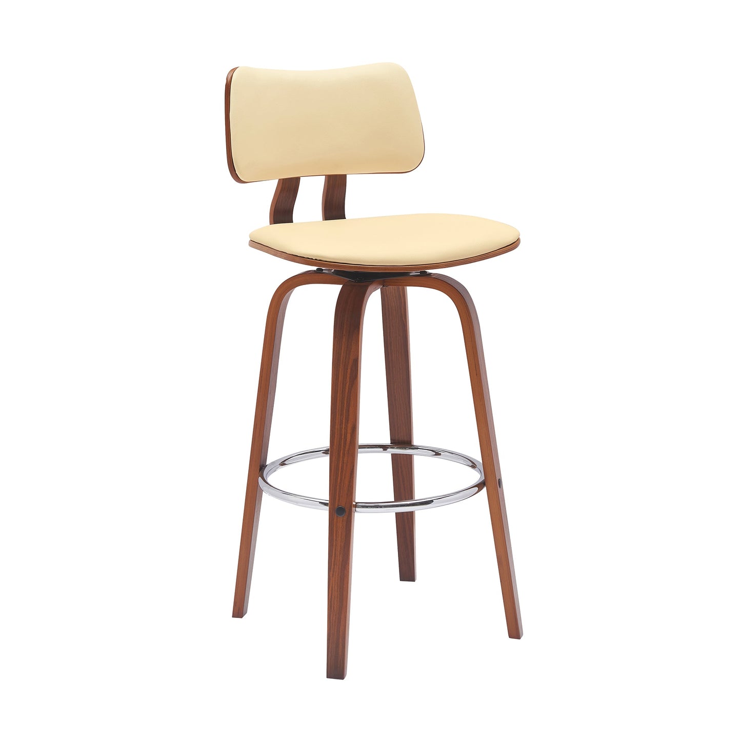 Pico 30" Swivel Walnut Wood Bar Stool in Cream Faux Leather with Chrome