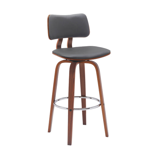 Pico 30" Swivel Walnut Wood Bar Stool in Gray Faux Leather with Chrome