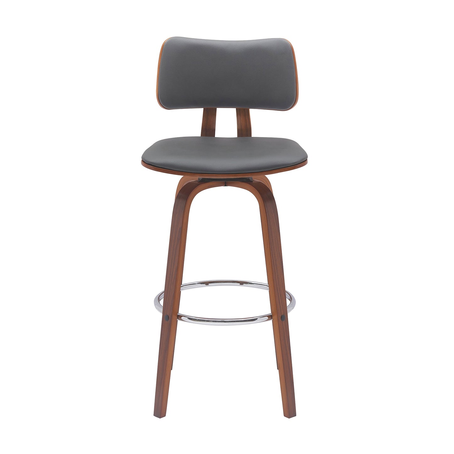 Pico 30" Swivel Walnut Wood Bar Stool in Gray Faux Leather with Chrome