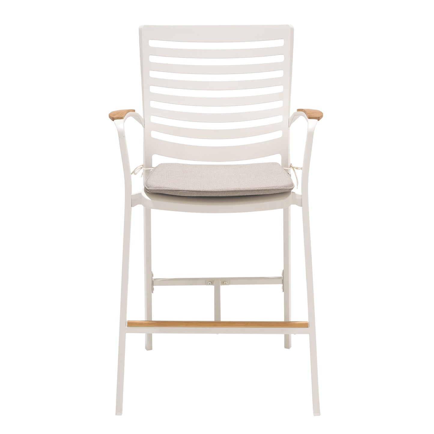 Portals Outdoor Patio Aluminum Barstool in Light Matte Sand with Natural Teak Wood Accent