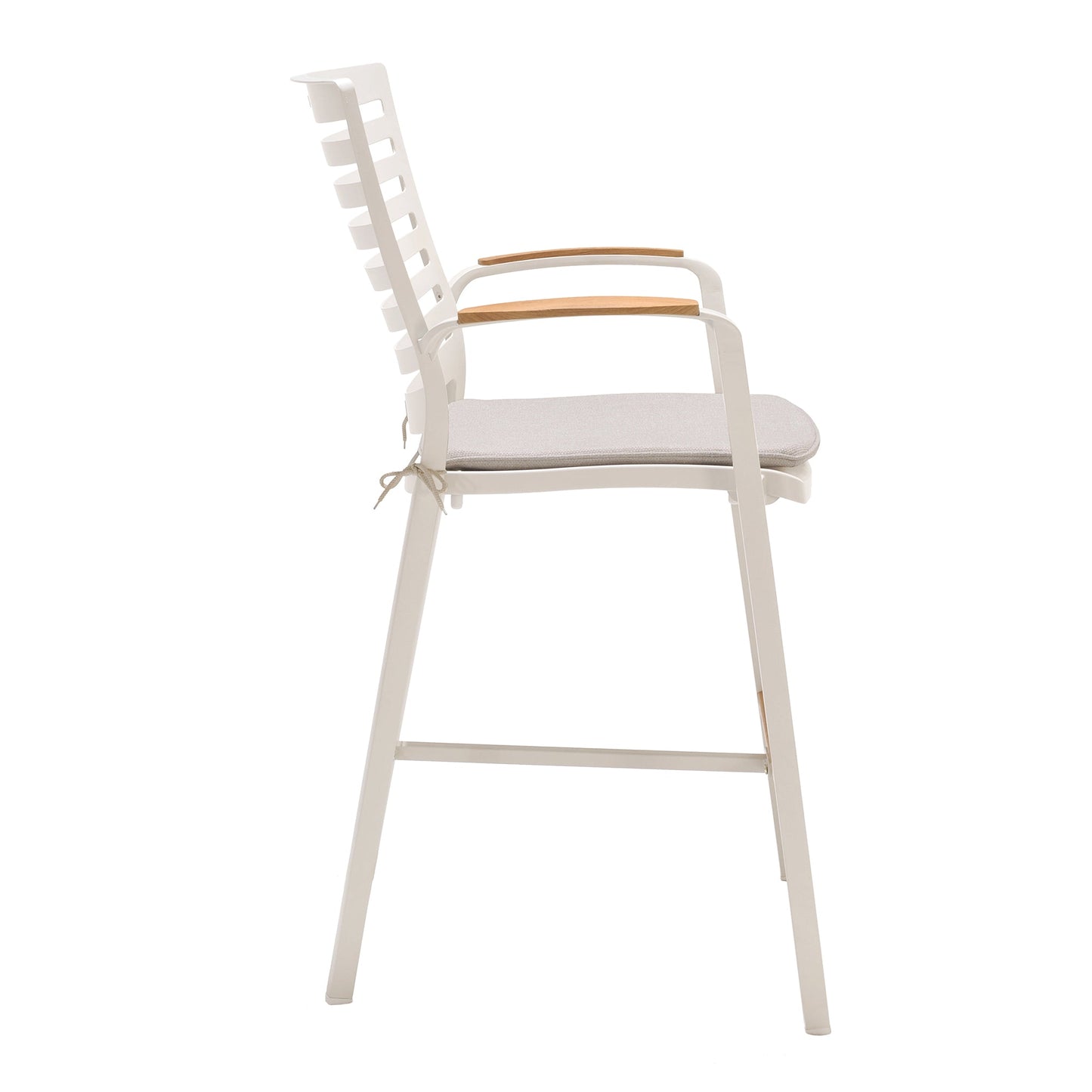 Portals Outdoor Patio Aluminum Barstool in Light Matte Sand with Natural Teak Wood Accent