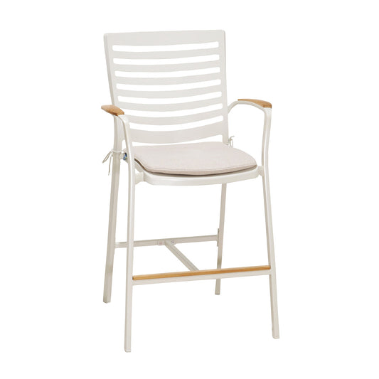 Portals Outdoor Patio Aluminum Barstool in Light Matte Sand with Natural Teak Wood Accent