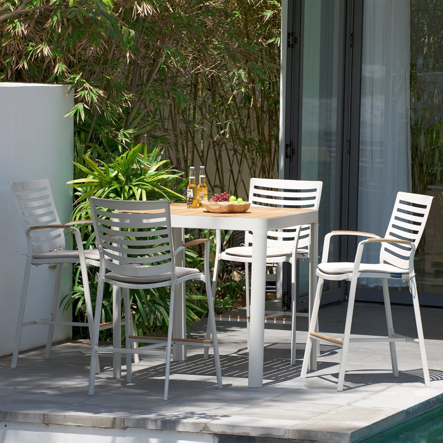 Portals Outdoor Patio Aluminum Barstool in Light Matte Sand with Natural Teak Wood Accent