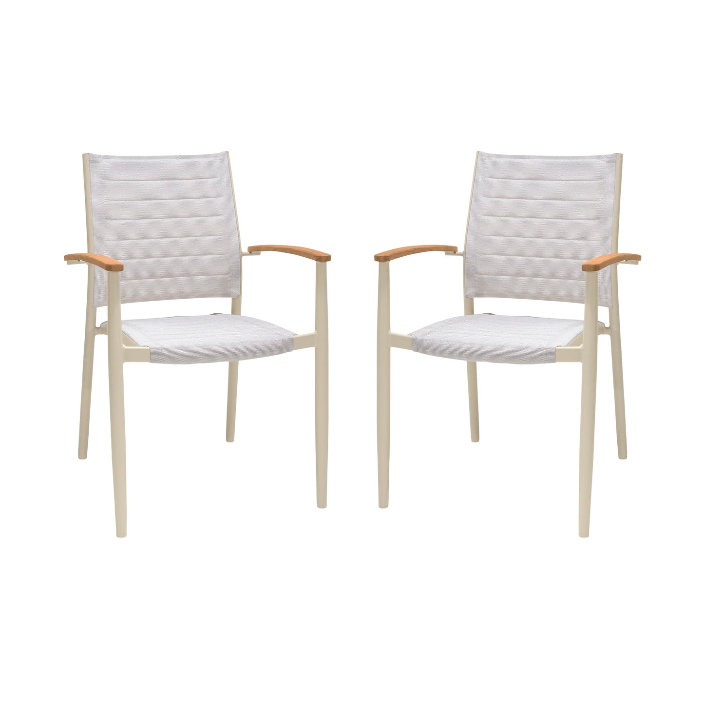 Portals Outdoor Coral Sand Aluminum Stacking Dining Chair with Teak Arms - Set of 2