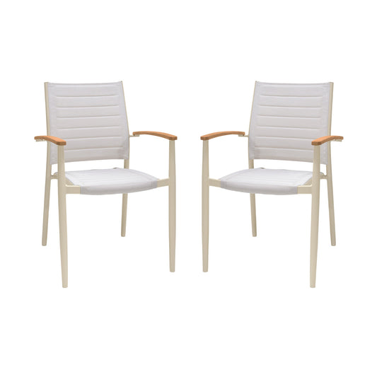 Portals Outdoor Coral Sand Aluminum Stacking Dining Chair with Teak Arms - Set of 2