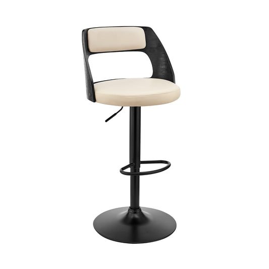 Paulo Adjustable Swivel Cream Faux Leather and Black Wood Bar Stool with Black Base