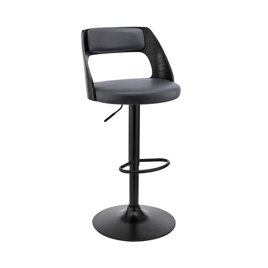 Paulo Adjustable Swivel Gray Faux Leather and Black Wood Bar Stool with Black Base