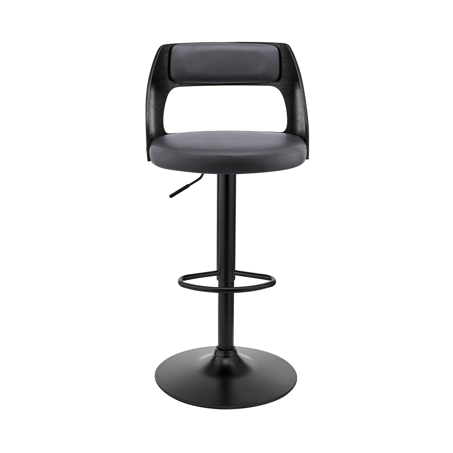 Paulo Adjustable Swivel Gray Faux Leather and Black Wood Bar Stool with Black Base