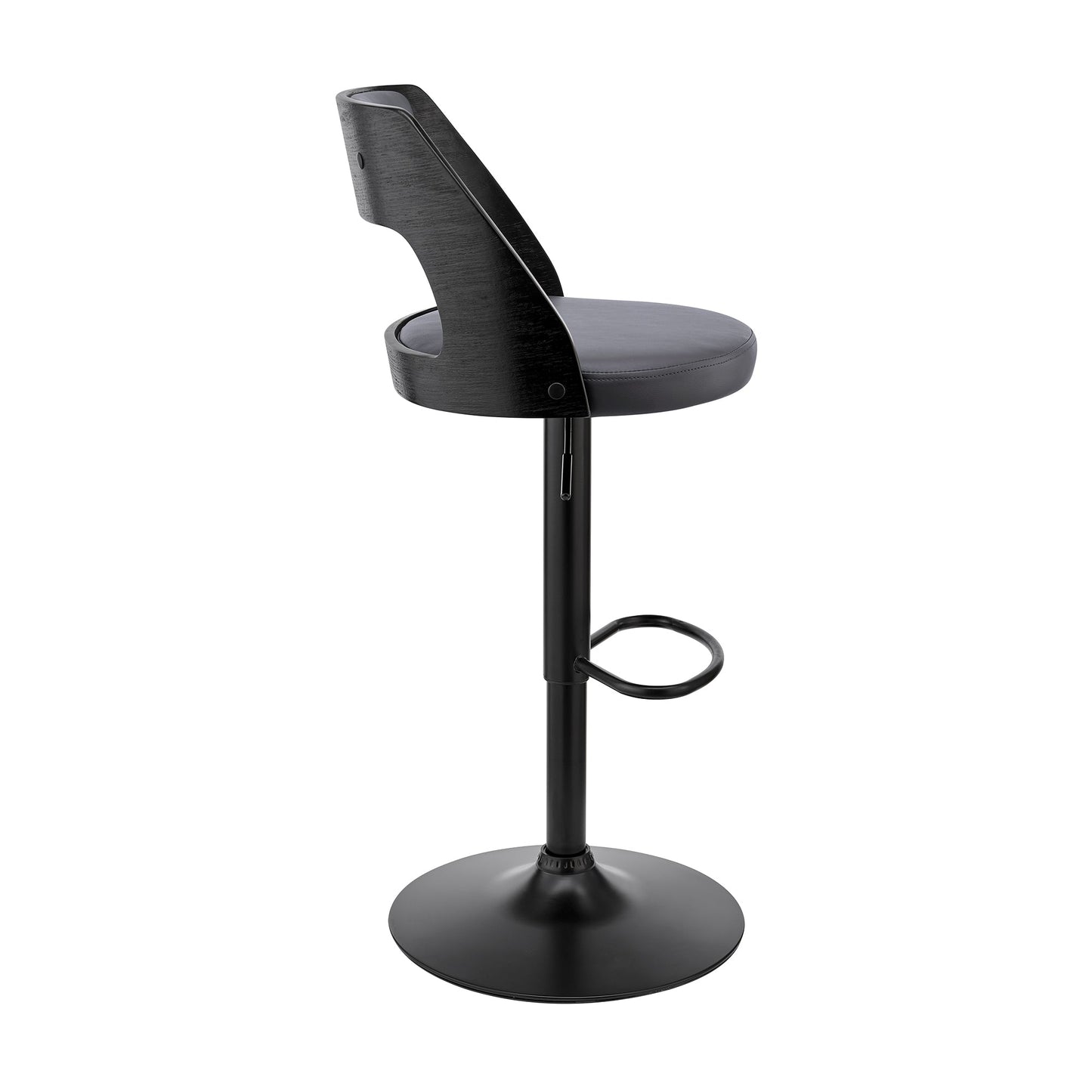 Paulo Adjustable Swivel Gray Faux Leather and Black Wood Bar Stool with Black Base