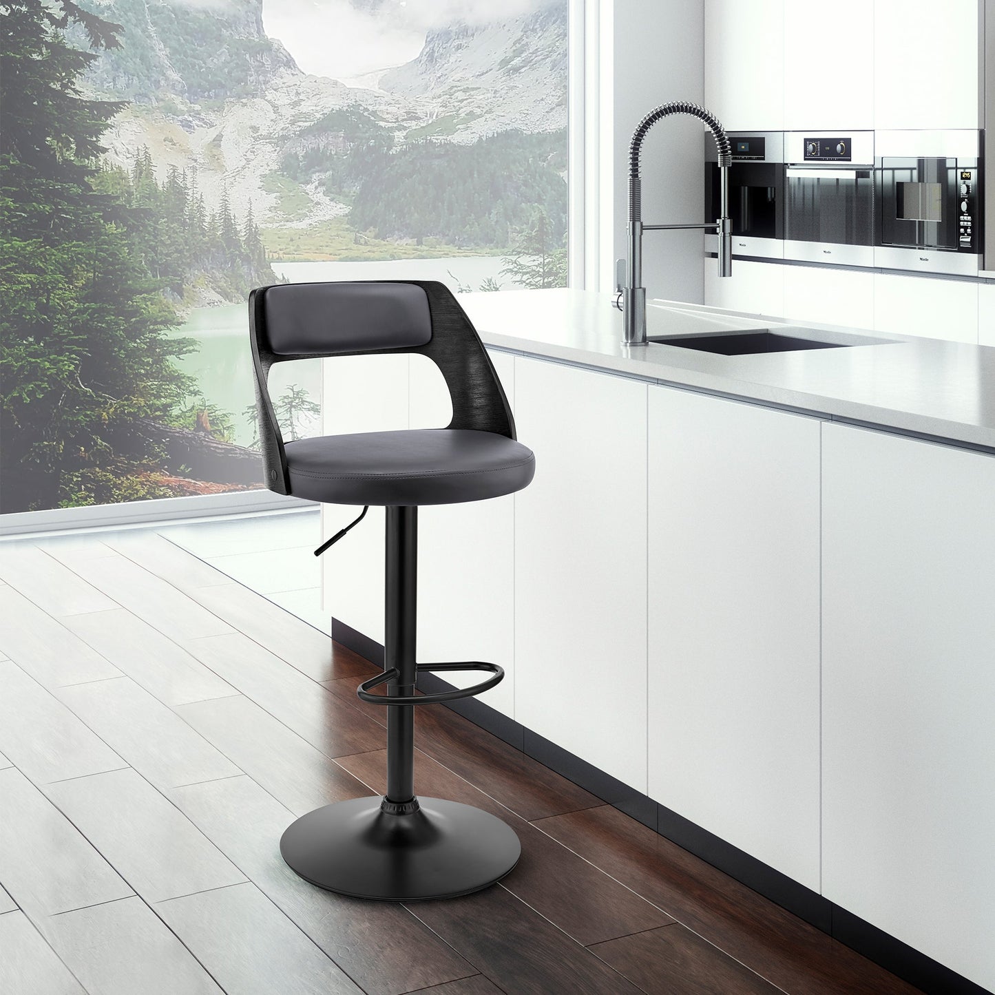 Paulo Adjustable Swivel Gray Faux Leather and Black Wood Bar Stool with Black Base