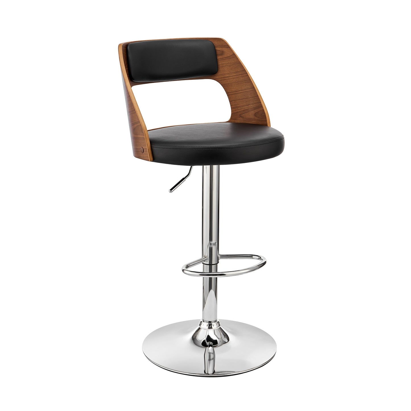 Paulo Adjustable Swivel Black Faux Leather and Walnut Wood Bar Stool with Chrome Base