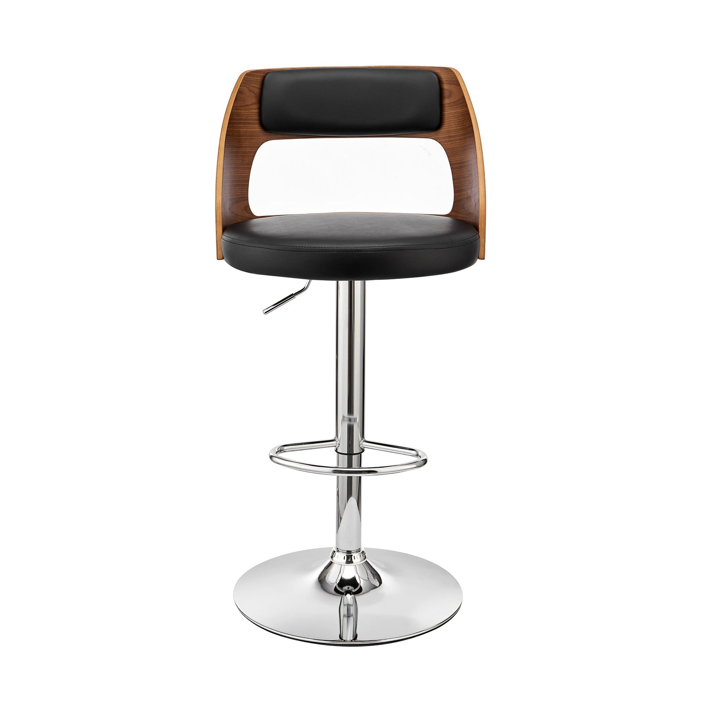 Paulo Adjustable Swivel Black Faux Leather and Walnut Wood Bar Stool with Chrome Base