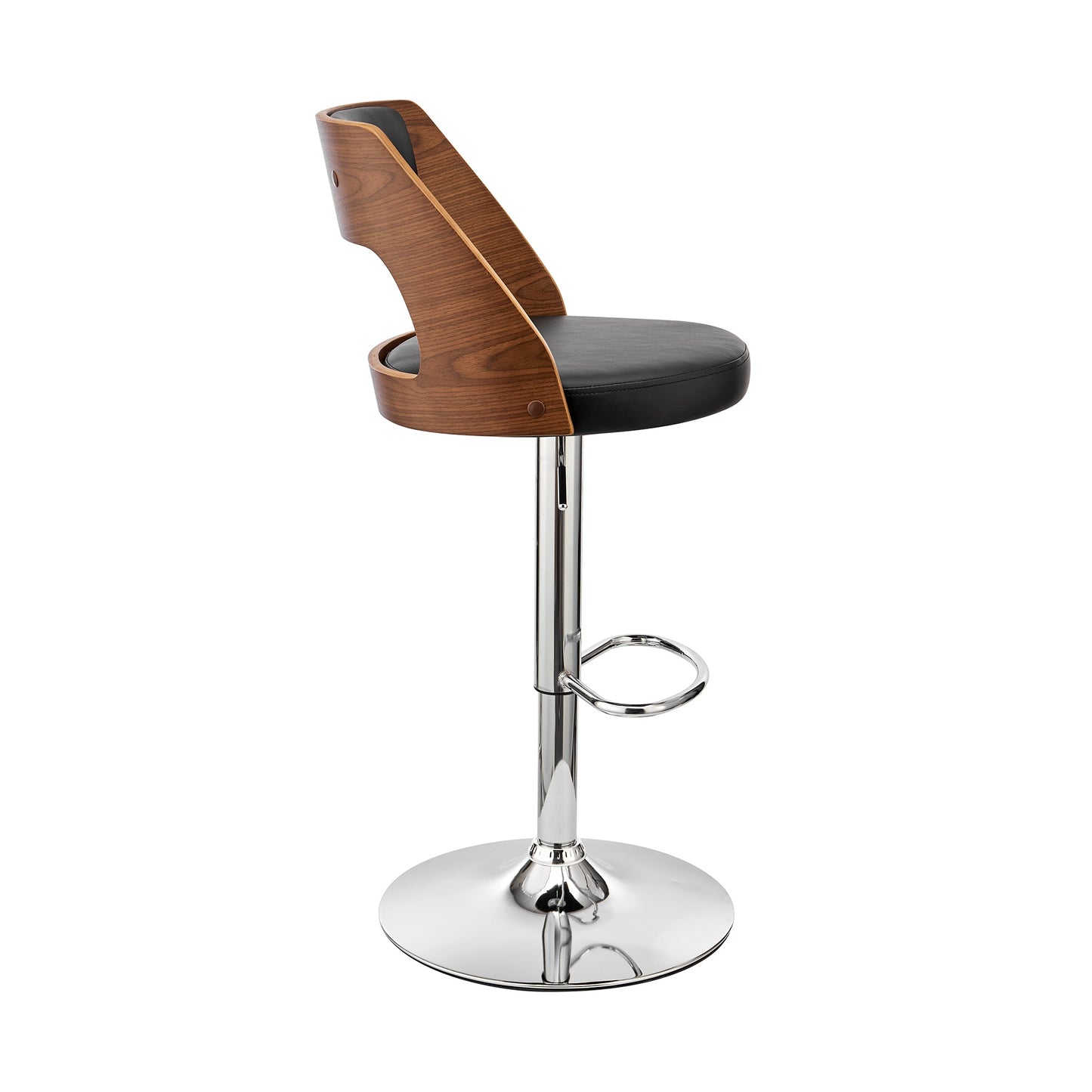 Paulo Adjustable Swivel Black Faux Leather and Walnut Wood Bar Stool with Chrome Base