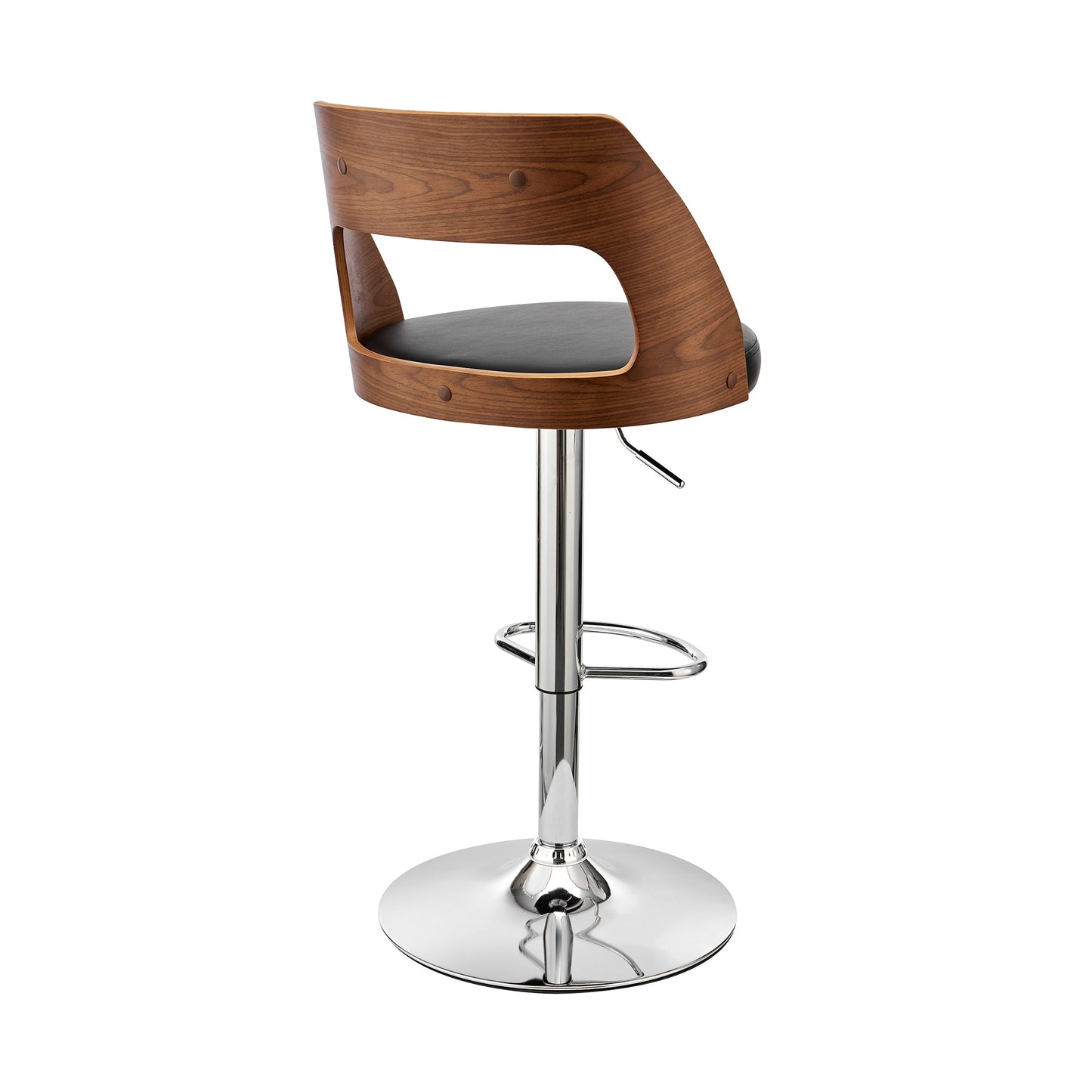 Paulo Adjustable Swivel Black Faux Leather and Walnut Wood Bar Stool with Chrome Base