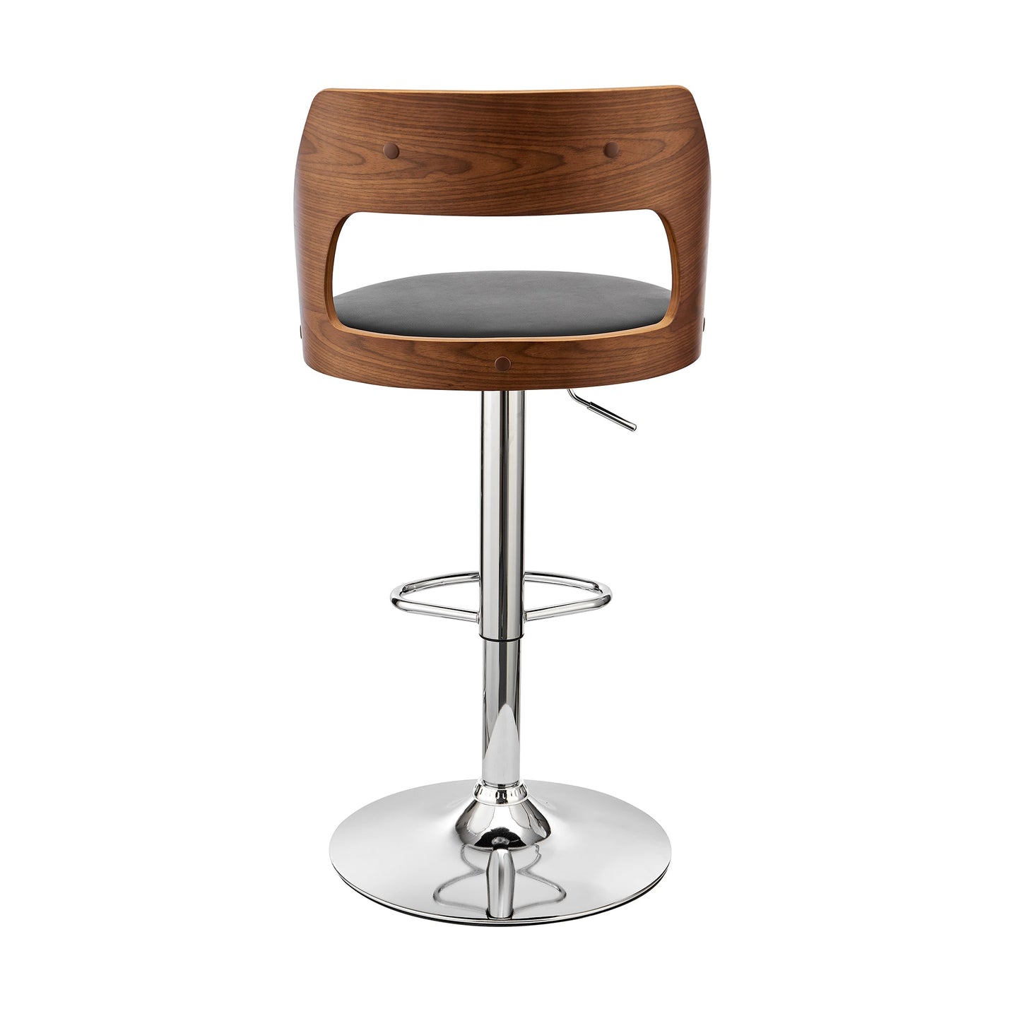 Paulo Adjustable Swivel Black Faux Leather and Walnut Wood Bar Stool with Chrome Base