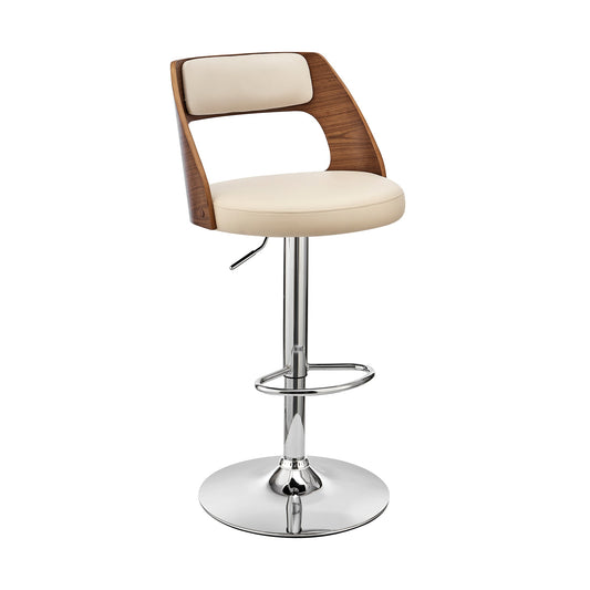 Paulo Adjustable Swivel Cream Faux Leather and Walnut Wood Bar Stool with Chrome Base